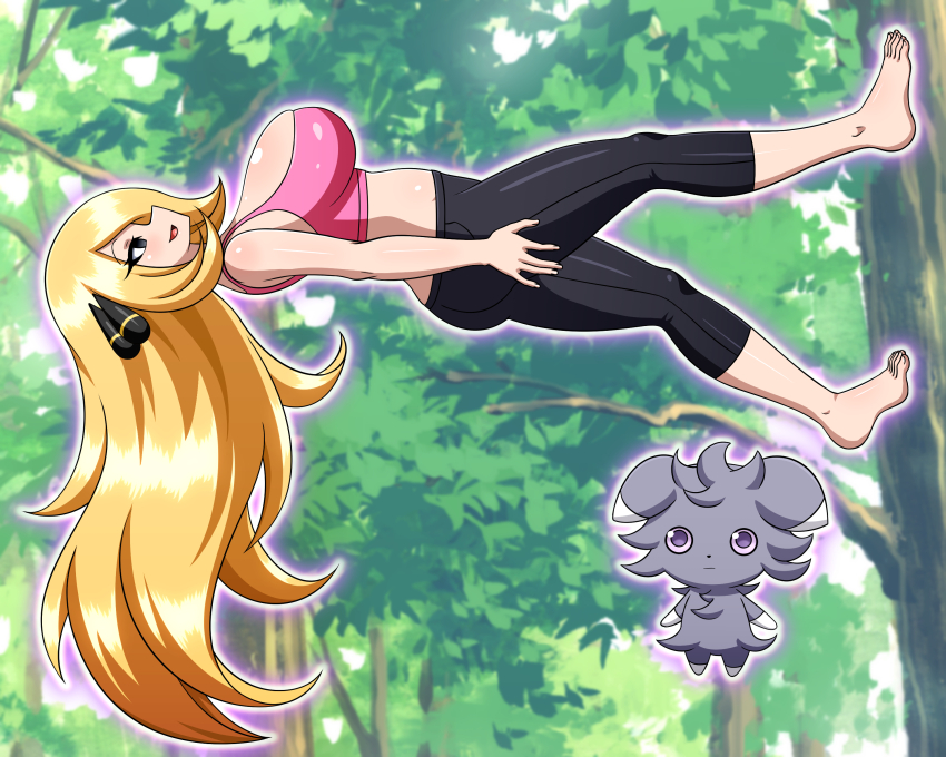 absurdres barefoot blonde_hair breasts cynthia empty_eyes espurr feet femsub floating happy_trance hypnotized_walking large_breasts long_hair midriff nintendo open_mouth pokemon pokemon_diamond_pearl_and_platinum yensh yoga_pants