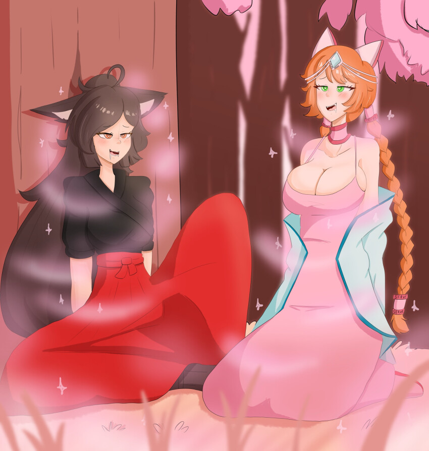 a_singular_fish ahoge animal_ears belt blush boots braid brown_hair choker cleavage dress drool eyebrows_visible_through_hair femsub forest green_eyes hair_ornament happy_trance heart_eyes jacket japanese_clothing jewelry kaede_(skecchyartist) large_breasts long_hair long_skirt magic messy_hair multiple_girls multiple_subs open_mouth orange_eyes orange_hair original outdoors shoes sideboob sitting smile trees viltai_(viltai) wolf_girl