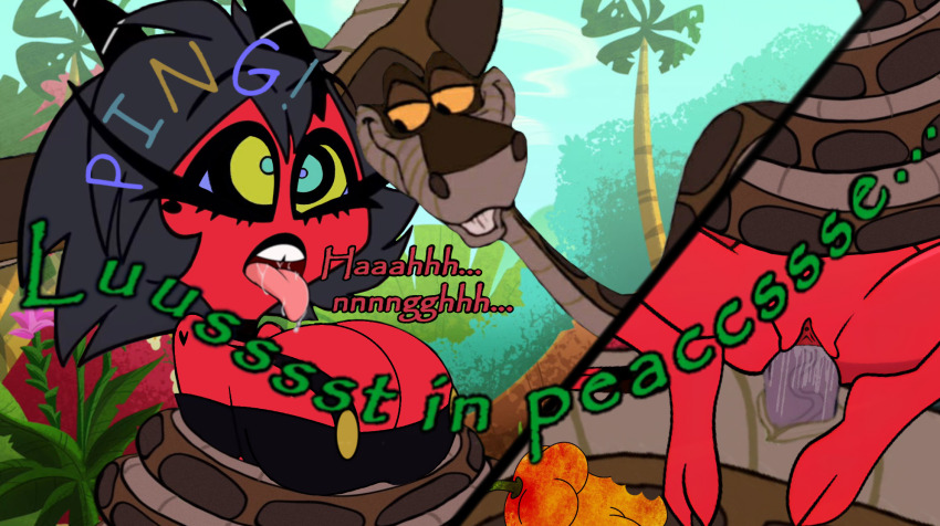 black_hair coils cum disney drool fruit helluva_boss hooves horns imp jungle kaa kaa_eyes large_breasts manip millie_(helluva_boss) ping red_skin sex snake sneakysnake_(manipper) text the_jungle_book vaginal wet