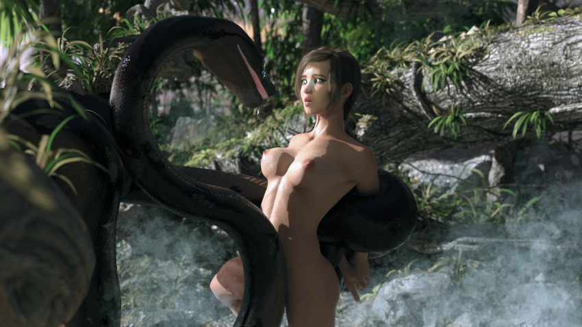 breasts brown_hair coils femsub glowing_eyes hypnotic_eyes jungle maledom nipples nude open_mouth snake verum_anguis