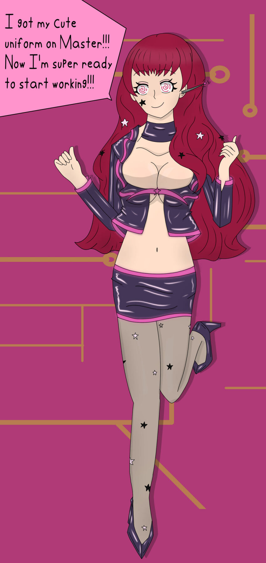 absurdres antenna bangs choker cleavage collarbone crop_top dialogue earpiece face_paint femsub fire_emblem hair_ornament happy_trance high_heels hy2300 large_breasts leggings long_hair midriff nintendo red_hair simple_background smile speech_bubble spiral_eyes tech_control text yunaka_(fire_emblem)