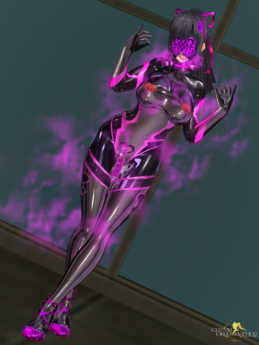 3d absurdres bodysuit bow cleavage_cutout collar crotch_tattoo custom_maid_3d_2 dfish303 dildo drool female_only femsub fishnets gloves hair_ornament hypnotic_gas latex leotard mask nipple_cutout nipple_piercing nipples open_mouth opera_gloves original ponytail ribbon rubber shoes solo standing symbol tattoo thighhighs tight_clothing tongue tongue_out vaginal