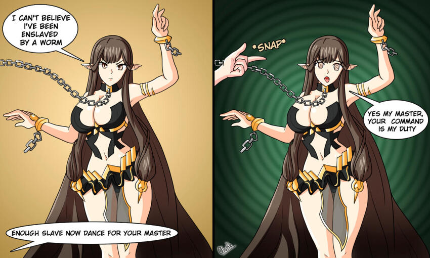alerith alternate_costume angry bare_legs bare_shoulders breasts brown_hair chains collar dancer dancing elf_ears english_text fate/grand_order fate_(series) femsub finger_snap gradient_background harem_outfit large_breasts leash legs long_hair midriff navel open_mouth semiramis_(fate) simple_background speech_bubble spiral spiral_background spiral_eyes symbol_in_eyes text yellow_eyes