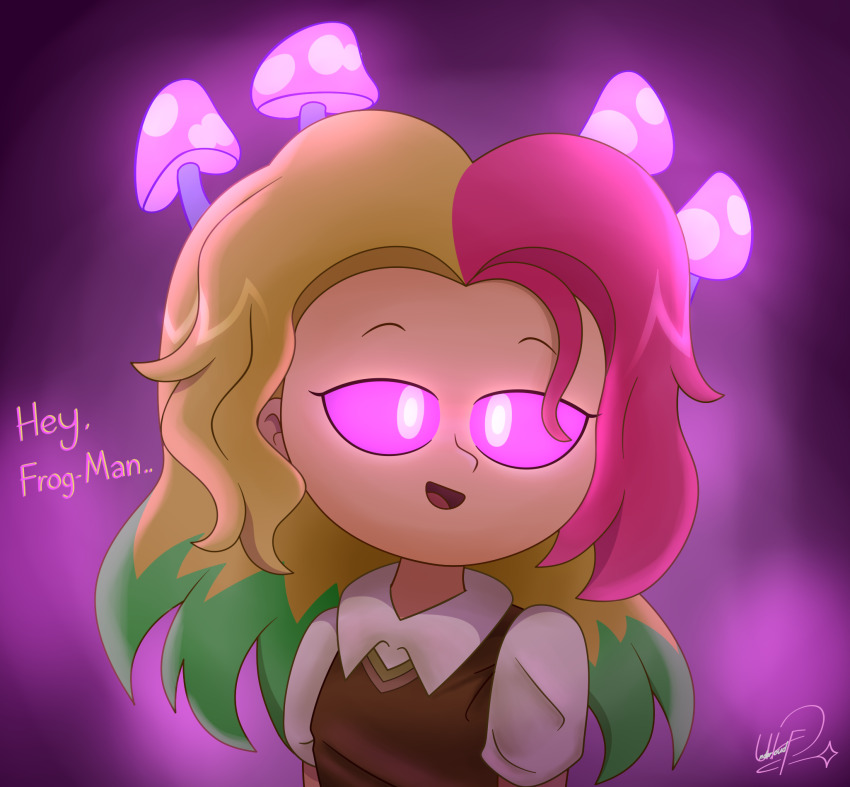 amphibia blonde_hair dialogue disney femsub glowing_eyes gradient_background green_hair happy_trance molly_jo multicolored_hair mushroom pink_hair purple_eyes school_uniform signature text underloudf