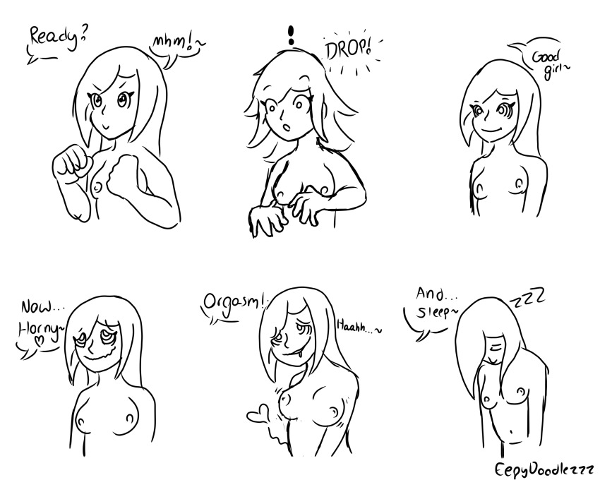 comic consensual drool eepydoodlezzz femsub happy_trance large_breasts long_hair masturbation monochrome nude orgasm orgasm_command original ring_eyes sketch sleep_command sleeping