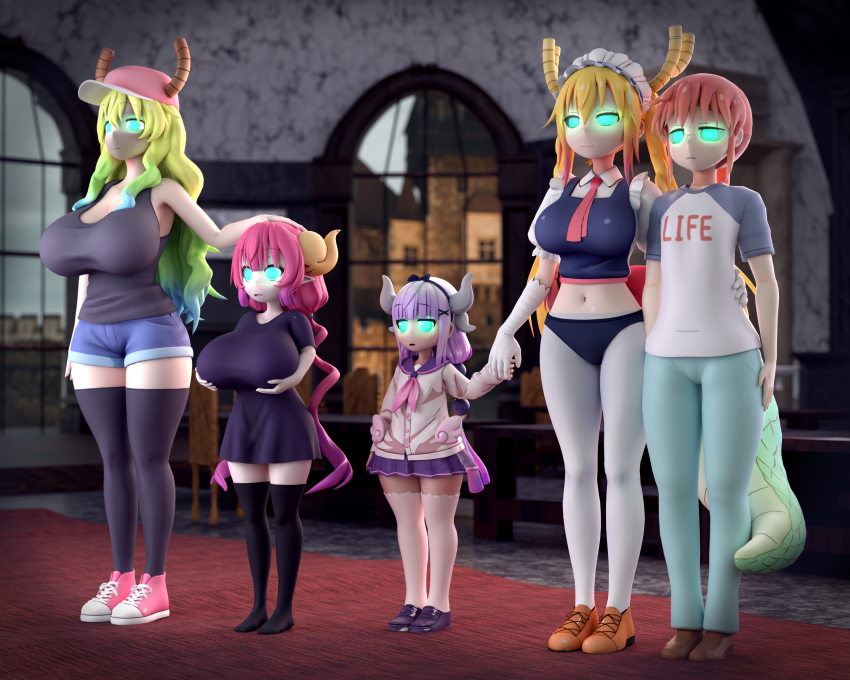 3d emerald_lazers expressionless glowing_eyes green_eyes hand_on_head holding_breasts holding_hands horns iruru_(miss_kobayashi&#039;s_dragon_maid) kanna_kamui kobayashi_(miss_kobayashi&#039;s_dragon_maid) large_breasts loli miss_kobayashi&#039;s_dragon_maid multiple_girls multiple_subs quetzalcoatl_(maidragon) standing_at_attention tohru_(maidragon)