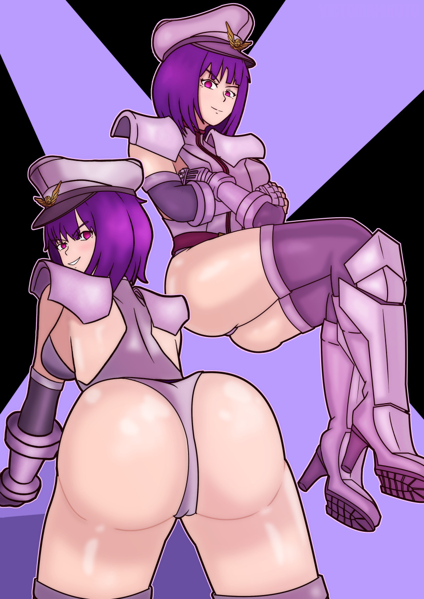 alternate_color_scheme alternate_costume alternate_hairstyle ass ass_focus athena_asamiya breasts capcom corruption crossed_arms crossed_legs crossover empty_eyes evil_smile femsub floating happy_trance hat high_heels king_of_fighters large_ass looking_at_viewer m._bison maledom possession presenting psycho_soldier purple_hair shadaloo_dolls short_hair sitting smile smug street_fighter thighhighs thighs victoriamikoto