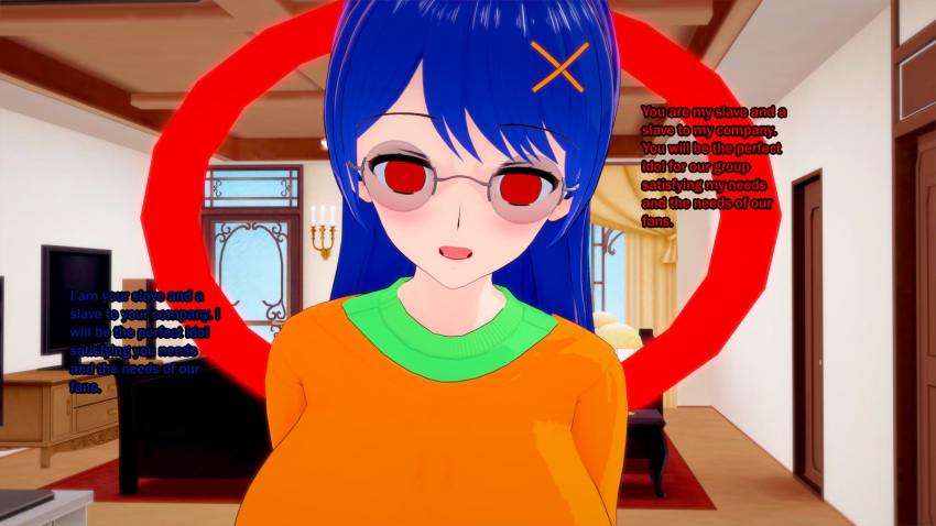 3d altered_common_sense blue_hair clothed empty_eyes english_text female_only femsub forced_employee glasses hair_ornament instant_loss long_hair mantra open_mouth original red_eyes sonrio12 sweater text