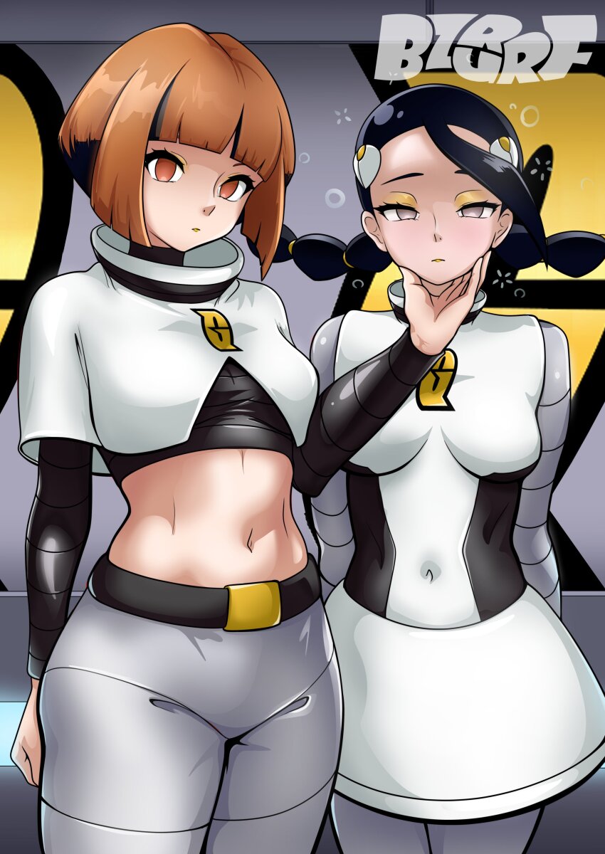 black_hair brown_eyes bzurrrf candice chin_hold dazed empty_eyes expressionless female_only femsub gardenia grey_eyes midriff multiple_girls multiple_subs nintendo pokemon pokemon_diamond_pearl_and_platinum short_hair skirt team_galactic tight_clothing