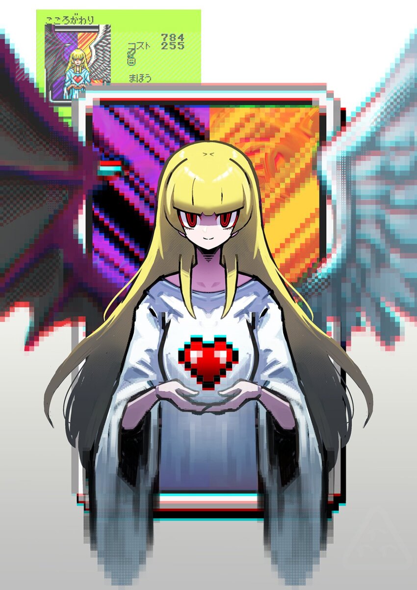 angel angel_girl bangs blonde_hair card change_of_heart collarbone corruption demon demon_girl dress evil_smile female_only femdom gradient_background green_background grey_background heart japanese_text long_hair multiple_views pixel_art purification red_eyes shakeeeeeeeee simple_background smile solo text white_background wings yu-gi-oh!