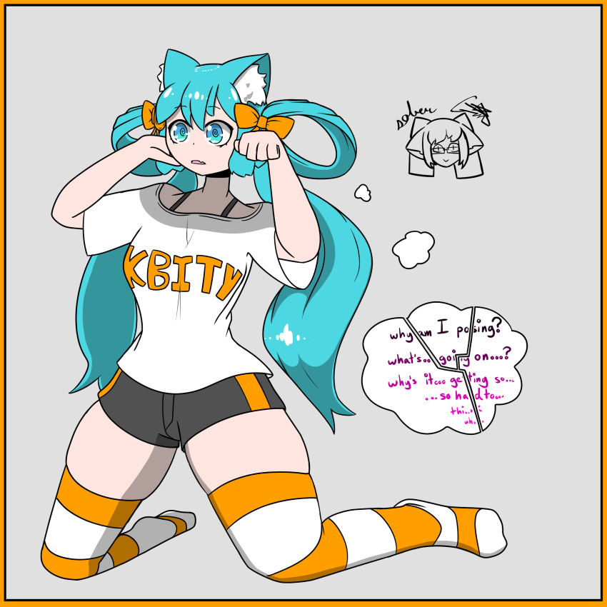 animal_ears bangs blue_hair border breasts cat_ears cat_girl cat_pose expressionless eyebrows_visible_through_hair female_only femsub hair_ribbon kneeling leggings long_hair miku_hatsune open_mouth shirt shorts signature simple_background sobergin spiral_eyes text thick_thighs thighs thought_bubble vocaloid