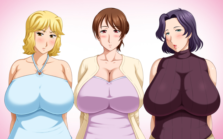 blonde_hair blue_eyes brown_eyes brown_hair clothed female_only large_breasts megumi_mazaki milf multiple_girls purple_hair red_eyes ryoko_mitani saimin_reifu sayaka_umino short_hair simple_background tomite white_background