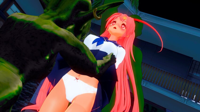 3d ahoge arms_behind_back bangs blush corruption custom_maid_3d_2 empty_eyes femsub glowing goblin kazeminewind maledom multiple_doms navel open_mouth original panties pendulum pink_eyes pink_hair school_uniform skirt skirt_lift standing underwear very_long_hair