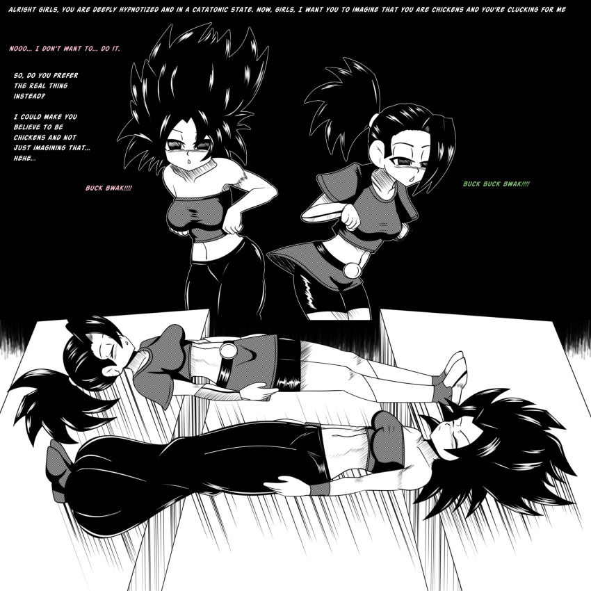 catalepsy caulifla chicken_pose dragon_ball dragon_ball_super femsub idpet kale monochrome pet_play stage_hypnosis text