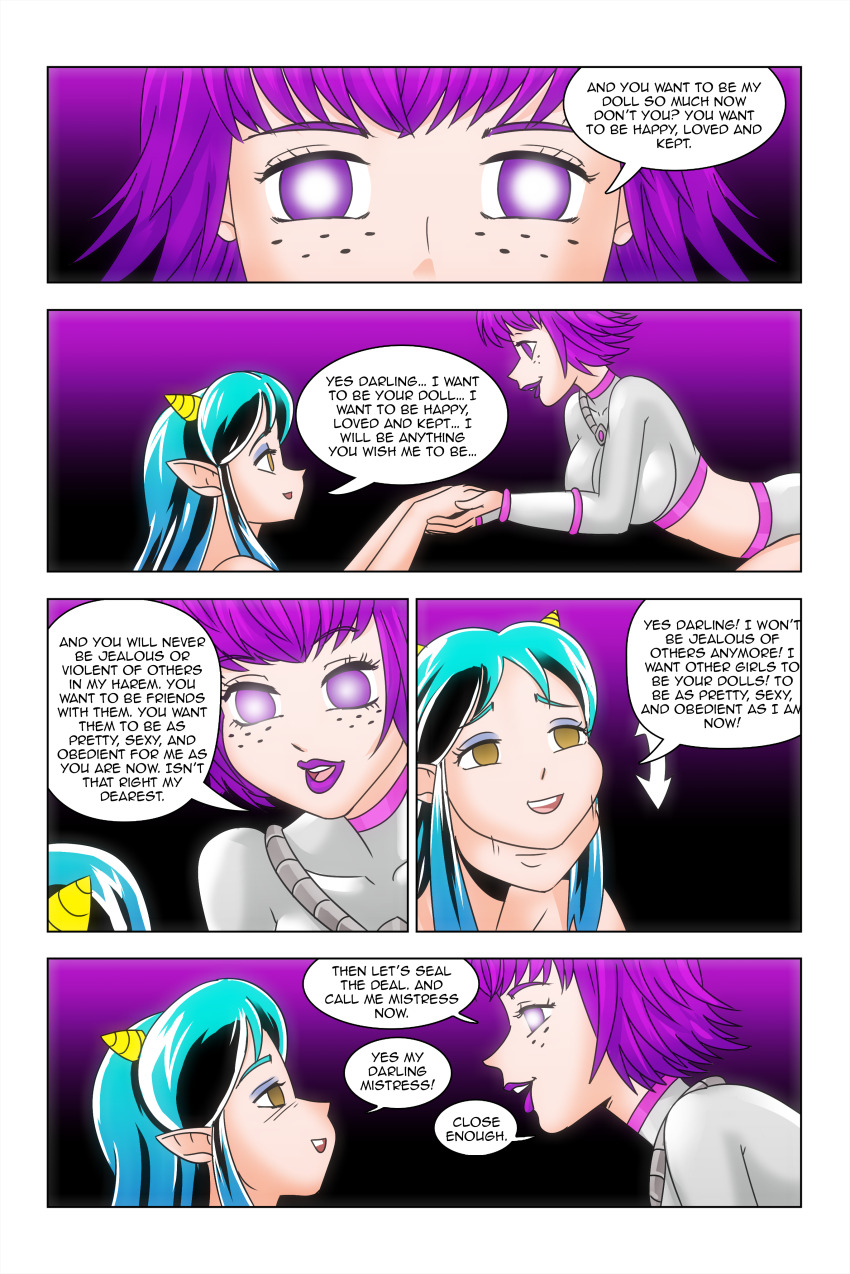 alien_girl bare_shoulders bow brown_eyes cleavage closed_eyes comic dialogue empty_eyes expressionless eyeshadow femdom femsub freckles glowing_eyes green_hair hand_on_another&#039;s_cheek happy_trance horns hypnotic_eyes kimberly_smith_(daveyboysmith9) large_breasts long_hair lum magic multicolored_hair oni_girl original purple_eyes purple_hair purple_lipstick short_hair smile story text urusei_yatsura wadevezecha