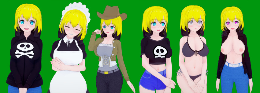 bikini blonde_hair blue_eyes character_profile cow_girl cowboy_hat crop_top erika_(er-ikaa) expressionless female_only femsub happy_trance jacket jeans kneeling koikatsu! large_breasts maid maid_headdress multicolored_hair multiple_views nipples open_clothes open_mouth open_shirt rng_(manipper) short_hair shorts solo standing