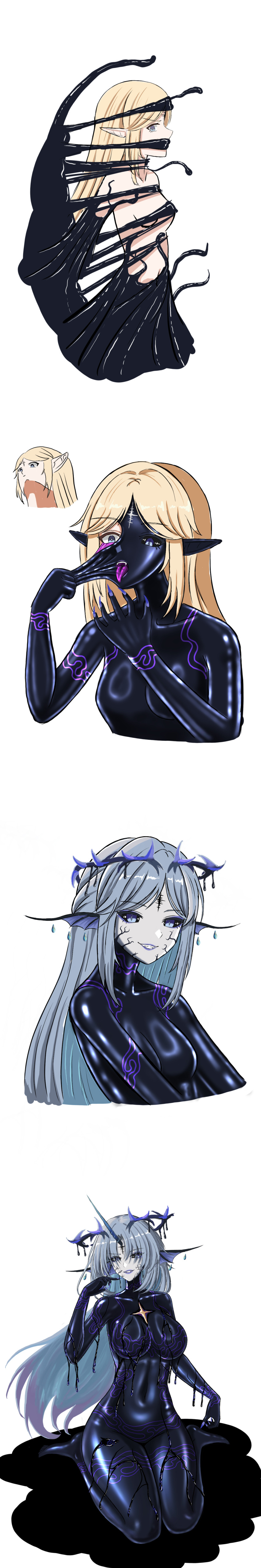 absurdres alien assertive_sub blonde_hair blue_eyes blue_hair bodysuit breast_expansion breasts cartethyia corruption elf_ears evil_smile eyebrows_visible_through_hair femsub fktu5453 fleurdelys frieren:_beyond_journey&#039;s_end hair_color_change large_breasts meme multiple_girls multiple_subs multiple_views possession resisting restrained sequence simple_background small_breasts smile symbiote tight_clothing transparent_background wuthering_waves