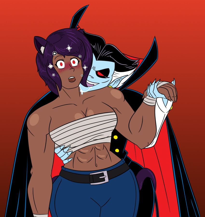 belt blush cape cat_ears cat_girl cat_tail drool earrings fangs female_only femdom femsub glowing_eyes gradient_background long_nails maggotmike multicolored_hair muscle_girl original pants purple_hair red_eyes short_hair undead_girl vampire