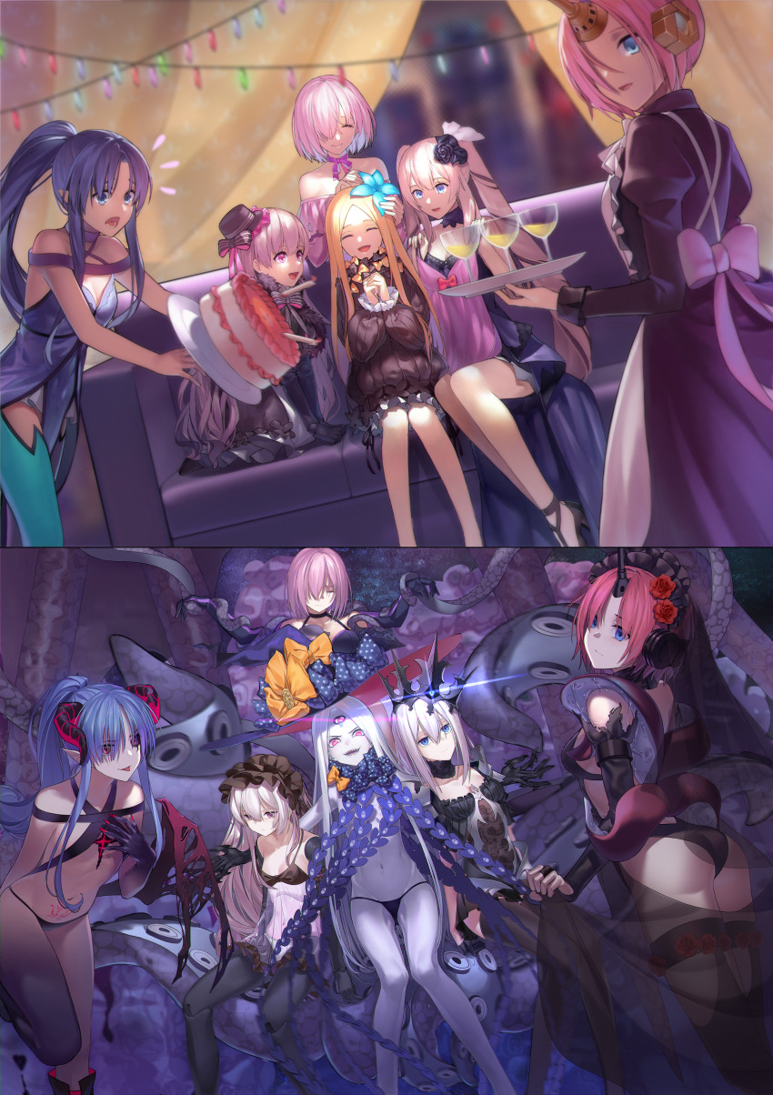 abigail_williams absurdres alternate_color_scheme alternate_costume alternate_form ass aura bare_legs bare_shoulders before_and_after black_skin blue_eyes blue_hair body_markings bondage breasts cake candle choker cleavage closed_eyes clothed corruption couch crotch_tattoo crown demon demon_girl eldritch evil_smile expressionless eye_color_change fate/apocrypha fate/extra fate/grand_order fate/stay_night fate_(series) femsub flame flower flower_in_hair food frankenstein_(fate) from_behind glowing glowing_eyes hair_color_change hair_covering_one_eye happy_trance harem hat horns hypnotized_dom large_breasts legs long_hair looking_at_viewer looking_back marie_antoinette_(fate/grand_order) mashu_kyrielight medea_(fate) medea_lily midriff multiple_girls multiple_subs nail_polish navel nursery_rhyme_(fate/grand_order) pale_skin panties pink_hair ponytail possession purple_eyes qiongsheng red_eyes restrained see-through sequence short_hair sitting smile tattoo tentacles thighhighs thighs third_eye tongue tongue_out tray underwear veil white_hair wings witch_hat yellow_eyes yog-sothoth