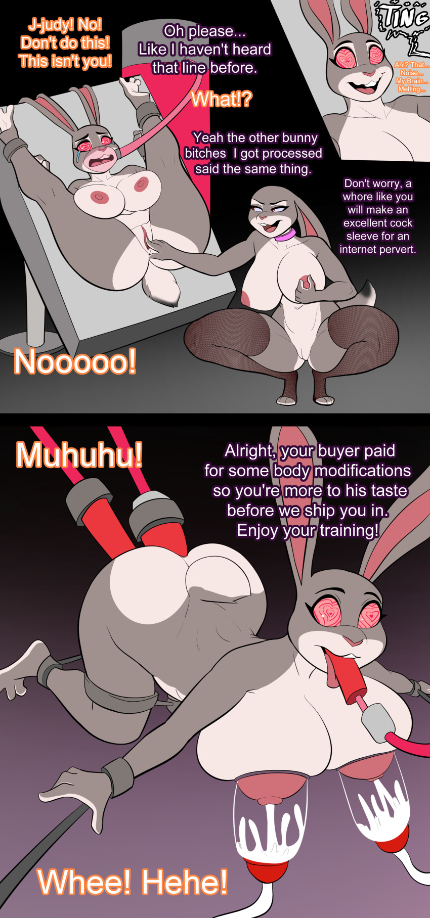 albinefoxxo betrayal bonnie_hopps brain_drain breast_expansion comic corruption dialogue disney drugs furry happy_trance hypnotic_audio hypnotized_dom judy_hopps milking_machine multicolored_eyes sex_machine spiralwash_eyes text western zootopia