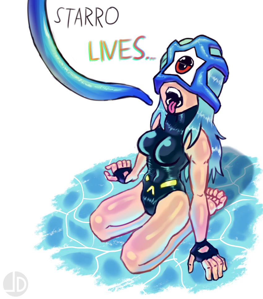 ahegao alien aquagirl bare_legs barefoot batman_beyond blue_hair corruption dc_comics defeated dialogue expressionless female_only femsub fingerless_gloves gloves kneeling large_breasts liberdude12 long_hair one-piece_swimsuit open_mouth parasite red_eyes simple_background starro super_hero swimsuit tentacles text tongue tongue_out white_background