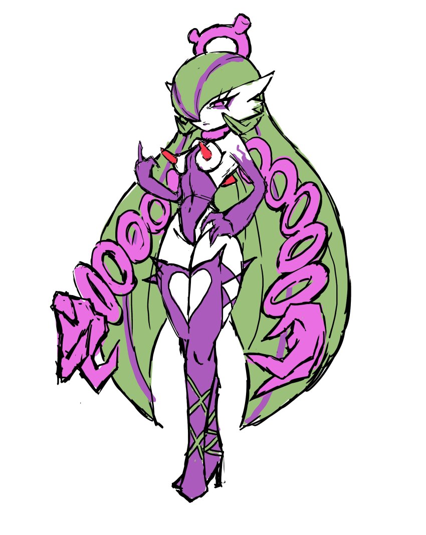absurdres alternate_costume alternate_hairstyle androgynous_dom boots breasts control_indicator corruption empty_eyes eye_color_change eyeshadow femsub gardevoir green_hair hair_color_change hair_covering_one_eye hair_growth hand_on_hip high_heels leotard lipstick makeup middle_finger multicolored_hair nintendo pecharunt pokemon pokemon_(creature) pokemon_ruby_sapphire_and_emerald pokemon_scarlet_and_violet possession purple_eyes purple_hair purple_lipstick qmidcplcvg3jijj simple_background standing thigh_boots thighhighs unhappy_trance very_long_hair white_background