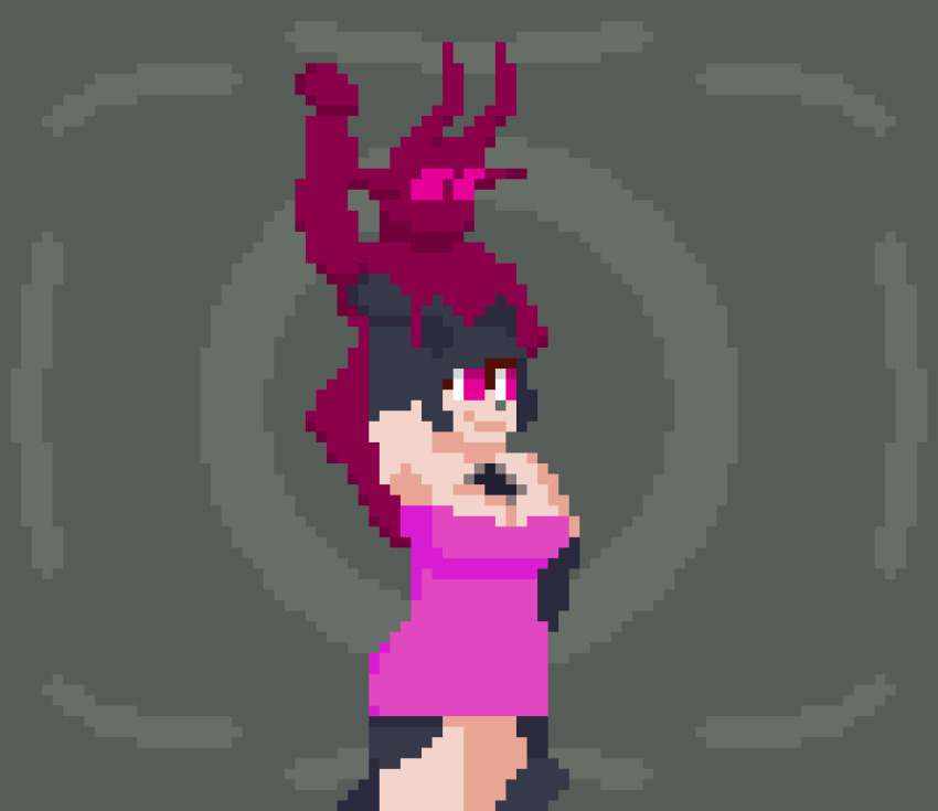 animated animated_gif cat_ears cat_girl cat_tail cleavage dancing demon demon_girl dress elf_ears glowing_eyes horns imp kilprel kivis_(kilprel) large_breasts large_hips lore_(littleinksheep) original pixel_art possession smile