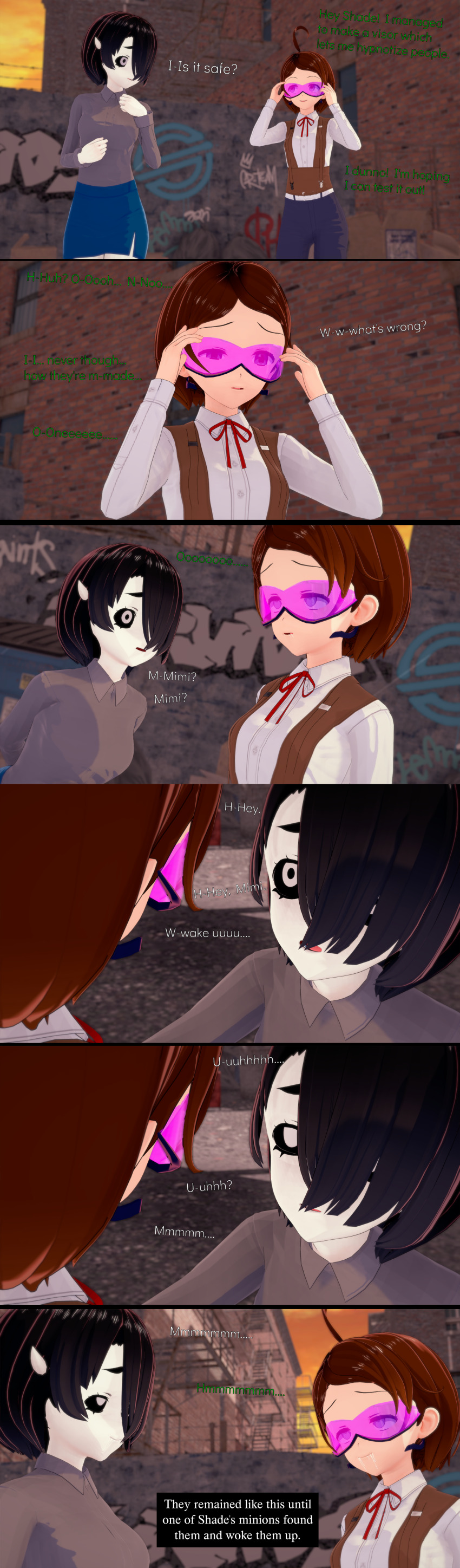 3d accidental_hypnosis black_hair black_sclera blue_eyes brown_hair cyanstargazer drool empty_eyes english_text female_only femsub happy_trance humor koikatsu! mimi_(cyanstargazer) multiple_girls multiple_subs original self_hypnosis shade_(sobergin) text visor white_eyes