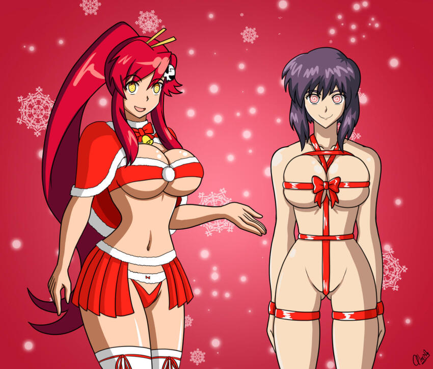 alerith bare_shoulders christmas cleavage curvy empty_eyes femsub ghost_in_the_shell gift gurren_lagann happy_trance hourglass_figure long_hair motoko_kusanagi multiple_girls multiple_subs naked_ribbon navel open_mouth ponytail purple_hair red_hair ribbon smile snow spiral_eyes standing standing_at_attention thick_thighs thighs thong underwear yellow_eyes yoko_littner