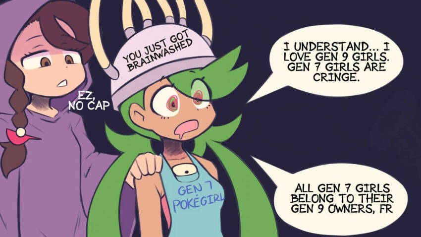 braid brown_eyes cables clothed collarbone dark_skin dialogue drool female_only femdom femsub helmet humor light_skin long_hair lurshalug_(manipper) mallow_(pokemon) manip meme nintendo open_mouth pokemon pokemon_sun_and_moon red_eyes simple_background sitting speech_bubble spiral_eyes standing suspenders sweater tech_control text twintails yuri