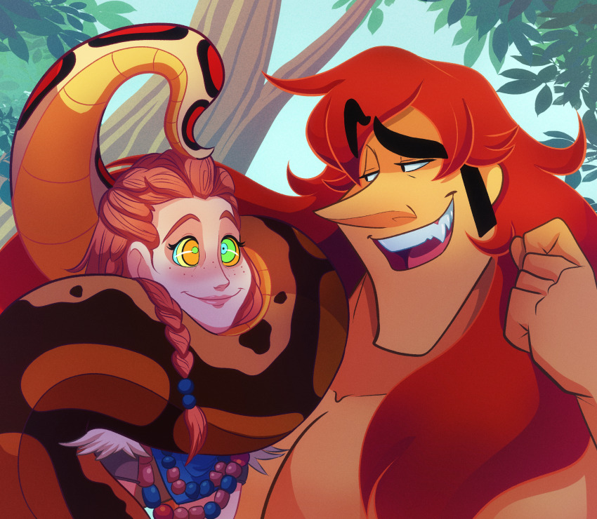 aloy_(horizon_zero_dawn) braid chin_hold coils femsub geekgirl8 horizon_zero_dawn jungle kaa_eyes kenneth_(geekgirl8) necklace orange_eyes original smile tail