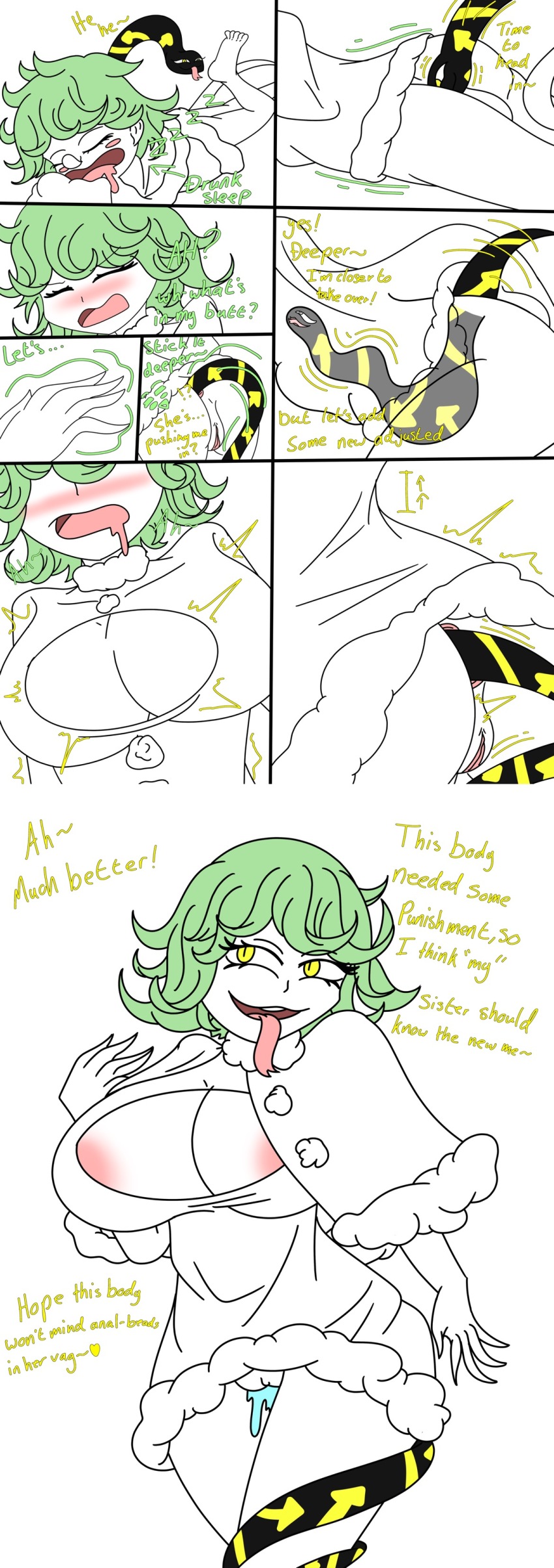 anal ass ass_expansion before_and_after bottomless breast_expansion breasts cleavage cleavage_cutout comic corruption fake_tail femdom femsub hypnotic_creature medusa_(soul_eater) one_punch_man parasite possession pussy_juice sex sleeping snoring soul_eater tatsumaki_(one_punch_man) text tongue tongue_out x-ray yasuda_kojo