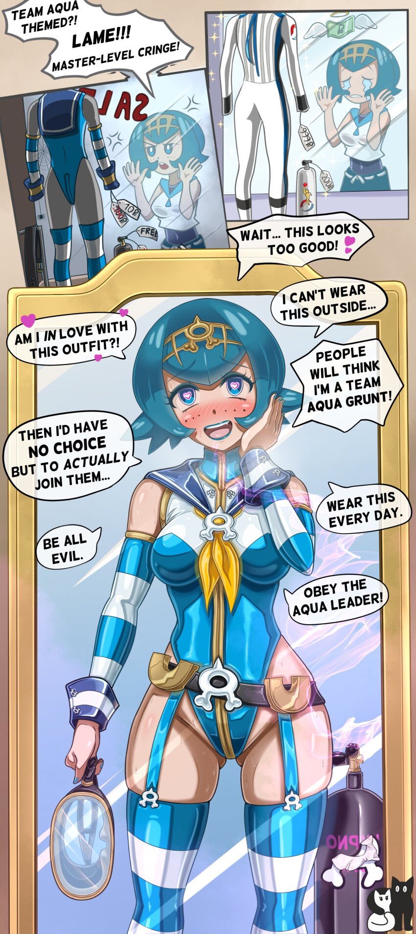 alternate_costume assertive_sub bare_shoulders before_and_after black_hair blue_eyes blue_lipstick blush breasts comic dialogue enemy_conversion femsub flat_chest hair_ornament happy_trance heart heart_eyes hourglass_figure hypnotic_gas lana_(pokemon) leotard light_skin lipstick mirror nintendo pokemon pokemon_ruby_sapphire_and_emerald pokemon_sun_and_moon rosvo short_hair smile speech_bubble swimsuit team_aqua team_aqua_grunt text