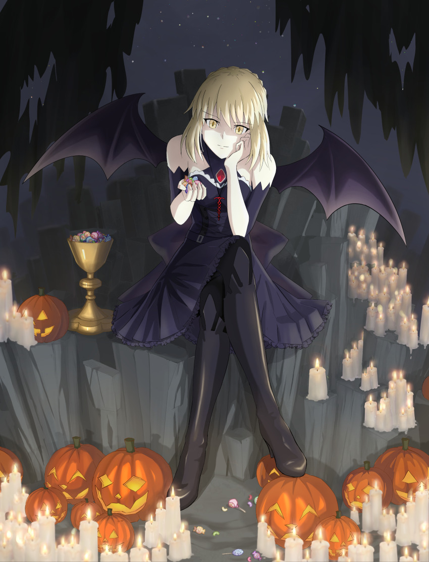 absurdres alternate_costume alternate_hairstyle andychen662000 angra_mainyu artoria_pendragon bare_shoulders boots breasts candle candy clothed corruption crossed_legs demon_girl dress eye_color_change fate/grand_order fate/stay_night fate/stay_night_heaven&#039;s_feel fate_(series) femsub flame hair_color_change hand_on_head high_heels jack_o&#039;_lantern legs necklace night outdoors pale_skin platinum_blonde_hair possession pumpkin saber_alter shoes short_hair sitting smile wings yellow_eyes