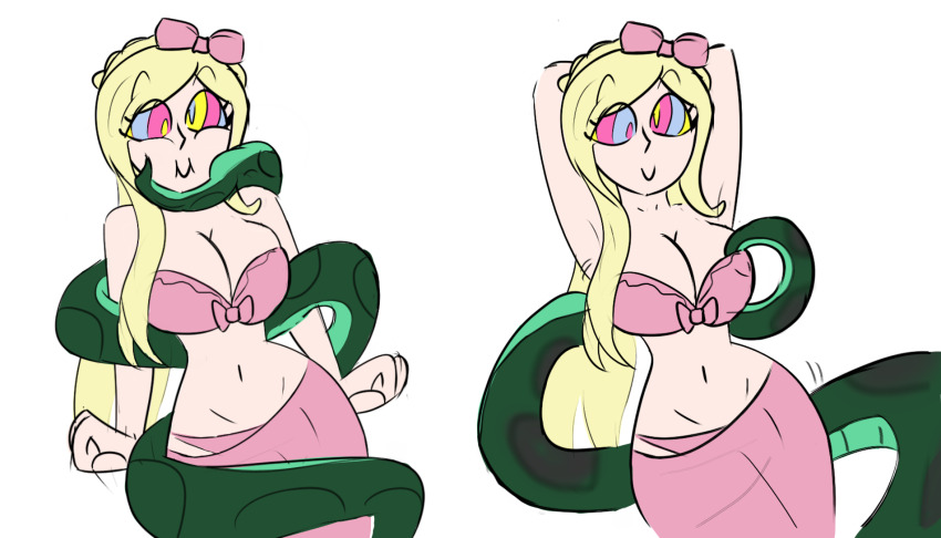 androgynous_dom arms_above_head bikini_top blonde_hair bow bra breasts chin_hold cleavage coils dangan_ronpa deepdarkgreen femsub happy_trance kaa_eyes large_breasts midriff navel posed posing simple_background smile snake sonia_nevermind undressing very_long_hair white_background