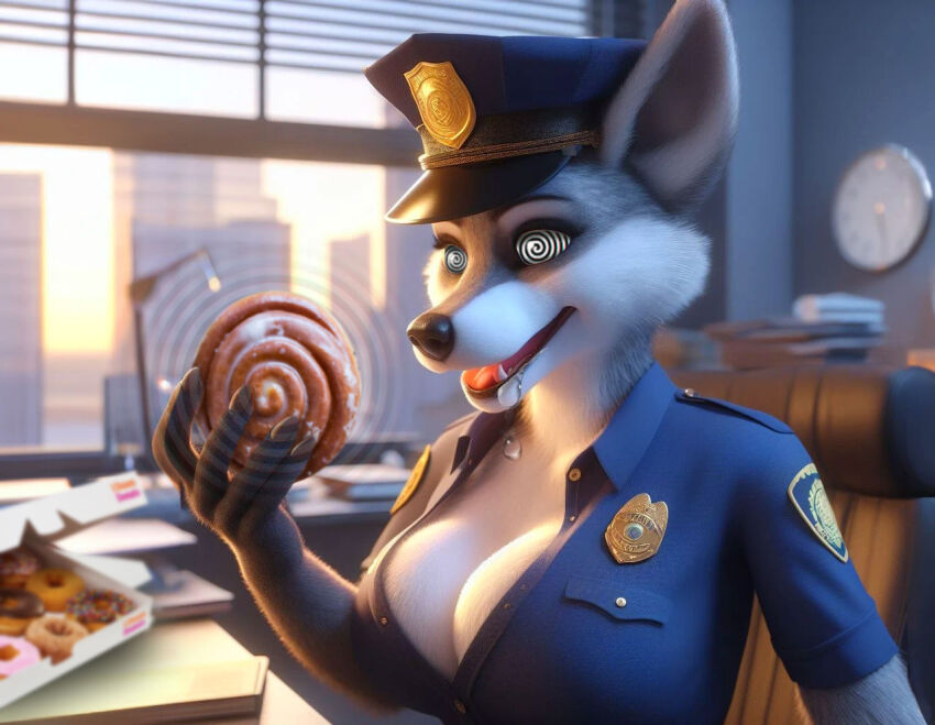 ai_art animal_ears drool female_only femsub furry hypnotic_food policewoman spiral_eyes symbol_in_eyes thehypnopotamus wolf_girl