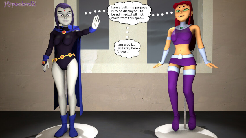 3d alien_girl dc_comics demon_girl dialogue dollification english_text femsub green_eyes grey_skin hypnolordx leotard long_hair multiple_girls multiple_subs orange_skin puppet puppetization purple_eyes purple_hair raven red_hair short_hair signature skirt standing starfire super_hero teen_titans text
