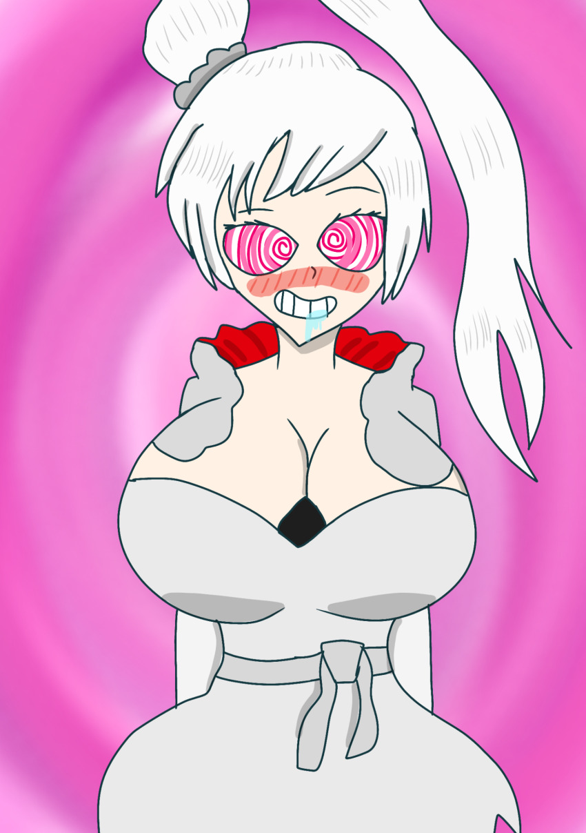 blush breast_expansion breasts cleavage clothed dress drool female_only femsub happy_trance huge_breasts ponytail rwby smile solo spiral_background spiralwash_eyes thefahuzgleaner weiss_schnee white_hair
