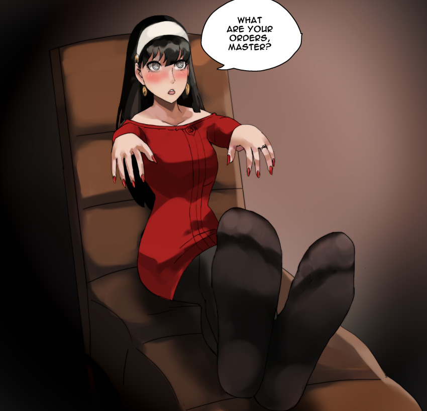 black_hair foot_focus milf onefeefoor socks speech_bubble spiral_eyes spy_x_family sweater text yor_briar zombie_walk