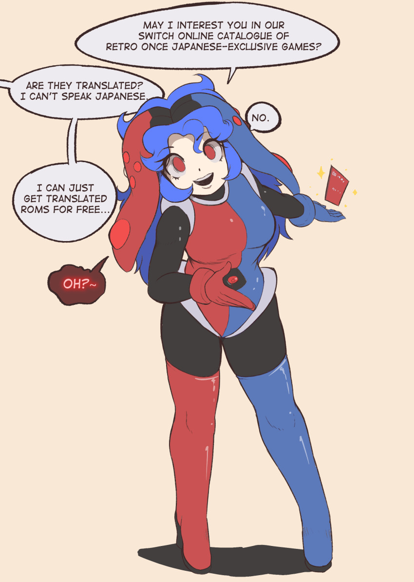 blue_hair character_request dialogue empty_eyes female_only femsub gloves happy_trance humor latex nintendo nintendo_switch pstash red_eyes robot_girl robotization tagme tech_control text