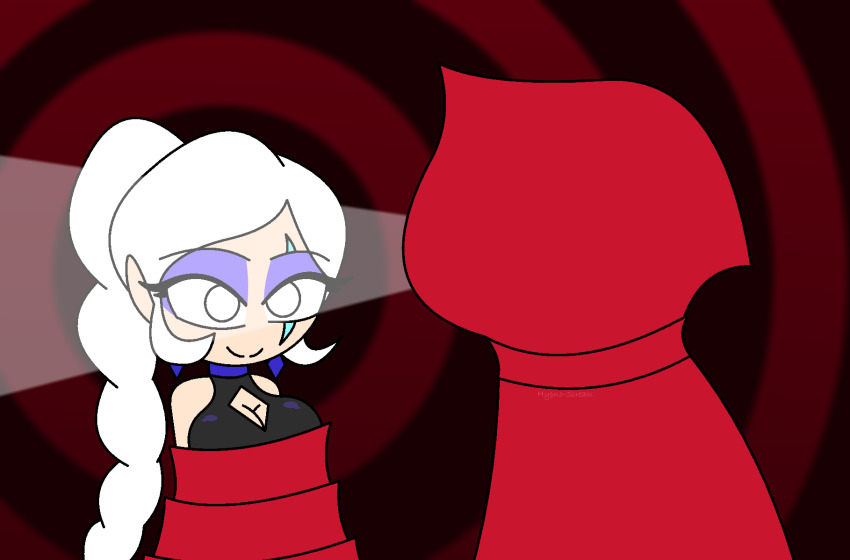 alternate_costume bare_shoulders braid cape cleavage_cutout cloak consensual earrings eyebrows_visible_through_hair eyelashes eyeshadow female_only femdom femsub happy_trance hood hypnoscream large_breasts latex leotard red_background restrained ring_background ruby_rose rwby scar side_ponytail smile weiss_schnee white_eyes white_hair