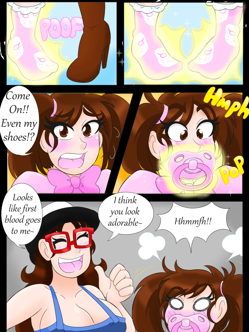 brown_hair cleavage comic dialogue dress glasses hat kobi94 large_breasts long_hair pacifier shrinking speech_bubble tank_top text transformation twintails