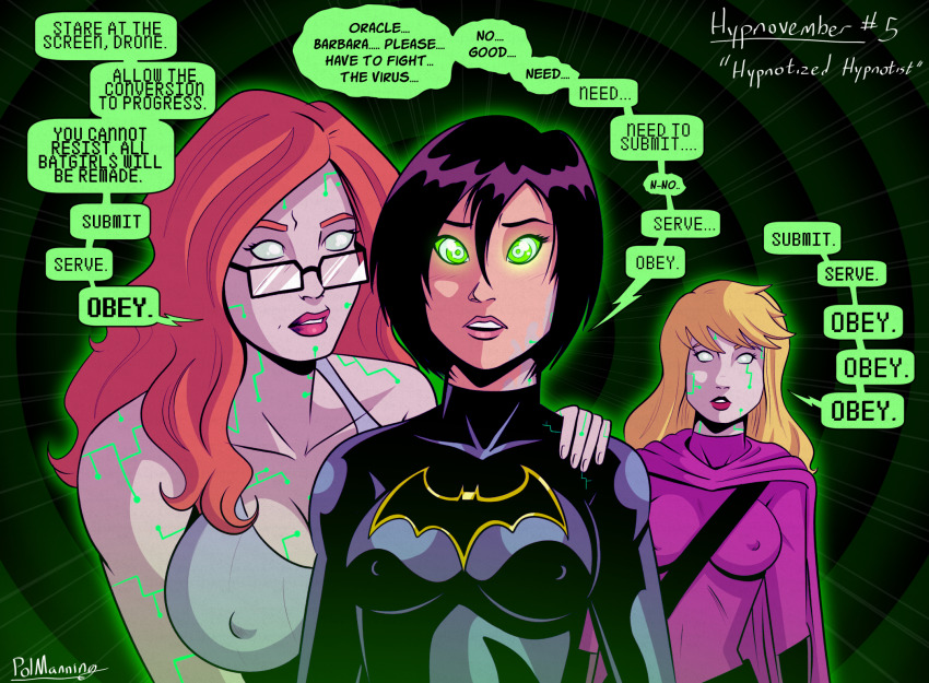 barbara_gordon batgirl batgirl_(series) batman_(series) black_hair blonde_hair cassandra_cain comic dc_comics drone erect_nipples erect_nipples_under_clothes female_only femdom femsub glasses green_eyes hypnotized_hypnotist hypnovember long_hair multiple_girls multiple_subs oracle polmanning red_hair resisting short_hair speech_bubble spiral_eyes stephanie_brown super_hero tech_control text whitewash_eyes