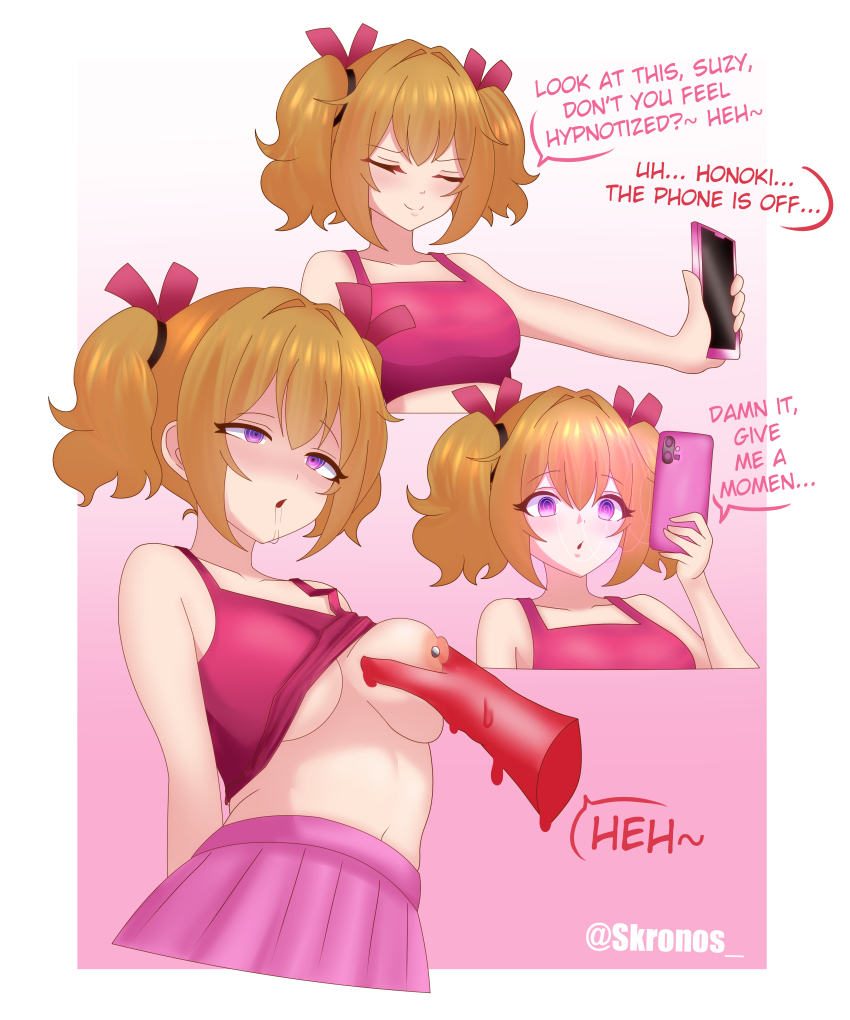 absurdres accidental_hypnosis arms_behind_back blush border breast_grab breasts brown_hair closed_eyes dialogue drool english_text erect_nipples eyebrows_visible_through_hair femsub gradient_background hair_ornament hypnovember kronobas28 nipple_piercing nipples original phone piercing purple_eyes self_hypnosis shirt_lift signature simple_background skirt speech_bubble spiral_eyes tank_top text twintails unfocused_eyes