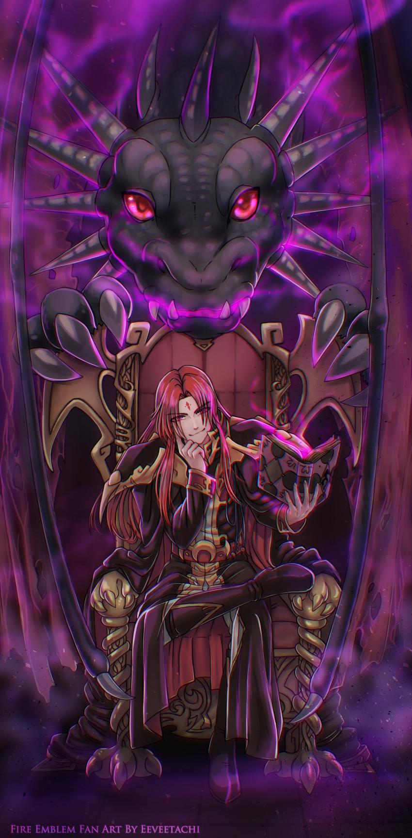 absurdres aura black_skin book boots cape chair claws clothed corruption crossed_legs dragon dragon_boy eeveetachi english_text evil_smile facial_markings fire_emblem fire_emblem_genealogy_of_the_holy_war hand_on_head happy_trance horns julius_(fire_emblem) long_hair looking_at_viewer loptous_(fire_emblem) magic male_only maledom malesub nintendo possession red_eyes red_hair scales sitting slit_pupils smile text very_long_hair