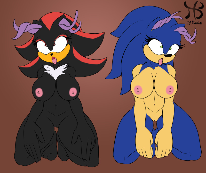 absurdres ahegao bare_legs barefoot black_hair black_skin blue_hair blue_skin bottomless brain_injection breasts eye_roll female_only femsub furry genderswap gradient_background green_eyes hiastobasement kneeling multiple_girls multiple_subs navel nipples nude open_mouth parasite pussy red_eyes shadow_the_hedgehog signature simple_background sonic_the_hedgehog sonic_the_hedgehog_(series) spread_legs tongue tongue_out topless