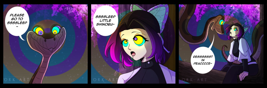black_hair butterfly comic demon_slayer disney english_text hair_ornament hypnotic_eyes kaa kaa_eyes multiple_views orkart outdoors purple_hair shinobu_kocho signature sitting sleep_command snake text the_jungle_book trees