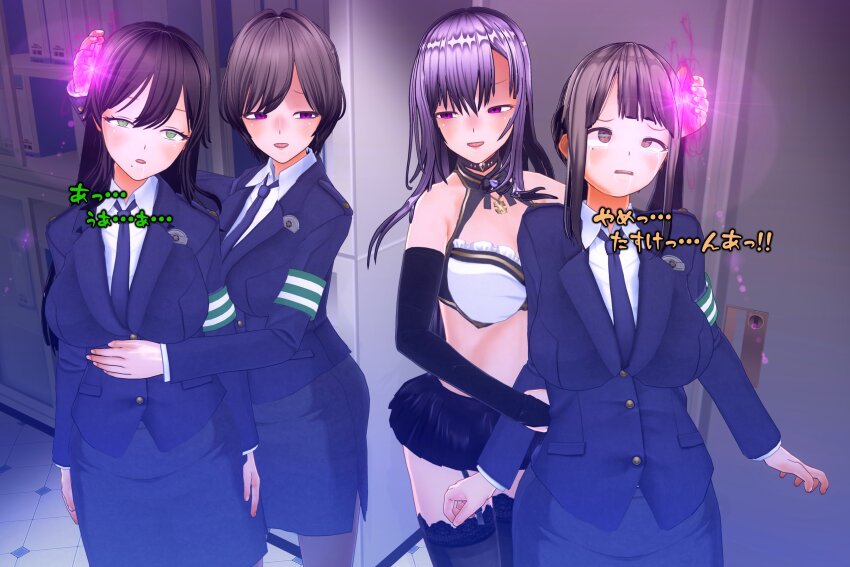 3d absurdres arm_bands baldmen4 bangs bare_shoulders brown_hair choker cleavage collar corruption crossed_eyes custom_maid_3d_2 drool empty_eyes expressionless eye_roll female_only femdom femsub fingerless_gloves garter_belt garter_straps gloves green_eyes hand_on_head happy_trance hypnotized_assistant hypnotized_hypnotist japanese_text large_breasts long_hair midriff multiple_doms multiple_girls multiple_subs open_mouth original pantyhose pink_eyes police_uniform policewoman purple_hair skirt smile static_eyes straight-cut_bangs tears thighhighs tie tied_hair