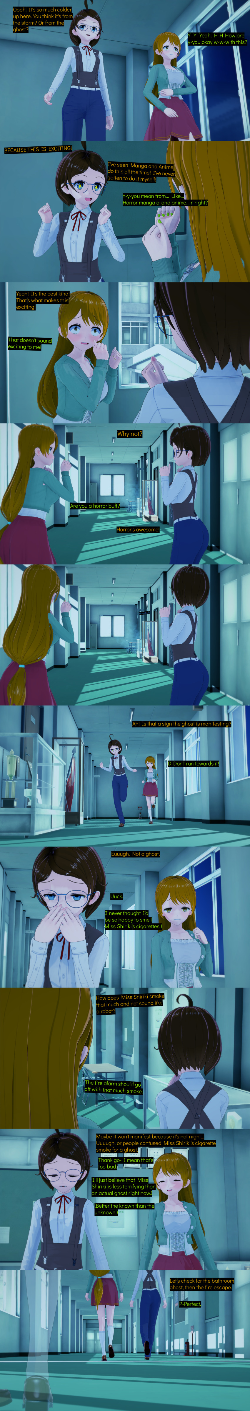 absurdres ahoge aware blue_eyes brown_hair candle citrus_(cyanstargazer) closed_eyes cyanstargazer dialogue english_text female_only ghost ghost_girl glasses green_eyes long_hair mimi_(cyanstargazer) multiple_girls night original scared short_hair symbol_in_eyes text