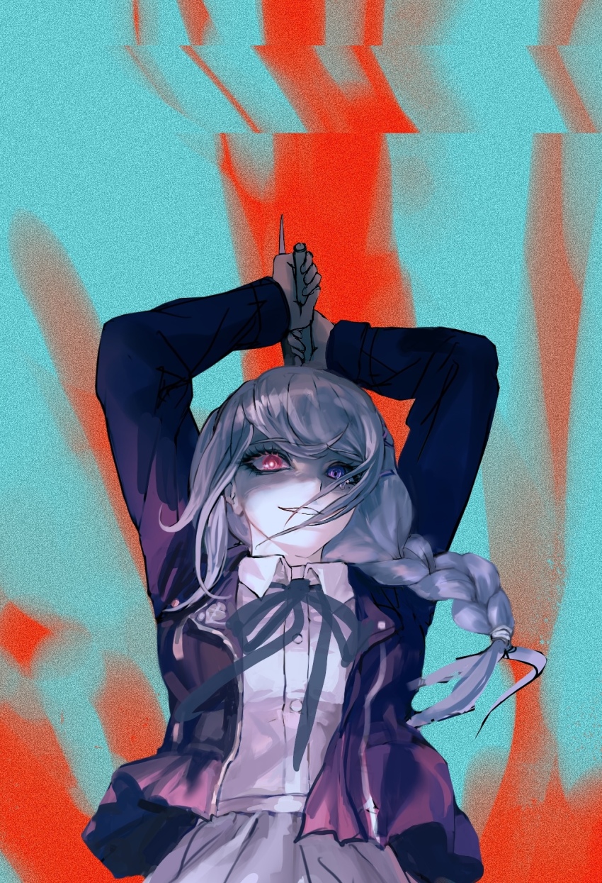 braid clothed evil_smile eye_color_change female_only femdom femsub g'ie g'ie_queen glowing_eyes heterochromia hundred_line jacket long_hair looking_at_viewer nonamesiamese nozomi_kirifuji ponytail possession purple_eyes red_eyes skirt smile tears the_hundred_line:_last_defense_academy unhappy_trance weapon white_hair